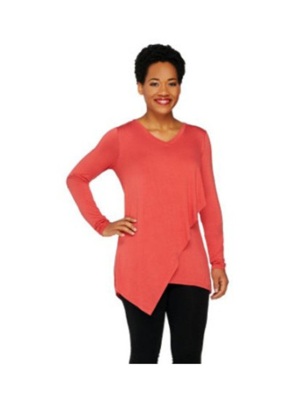 LOGO Lori Goldstein V-Neck Asymmetric Overlay Knit Top Blood Orange XS - Picture 4 of 13